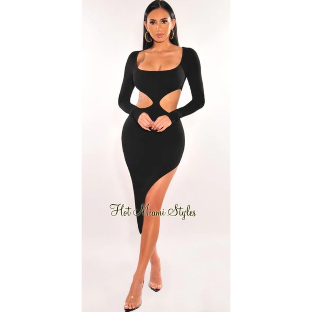 NWT Hot Miami Styles Black Asymmetrical Bodycon Dress Size Small Stretchy